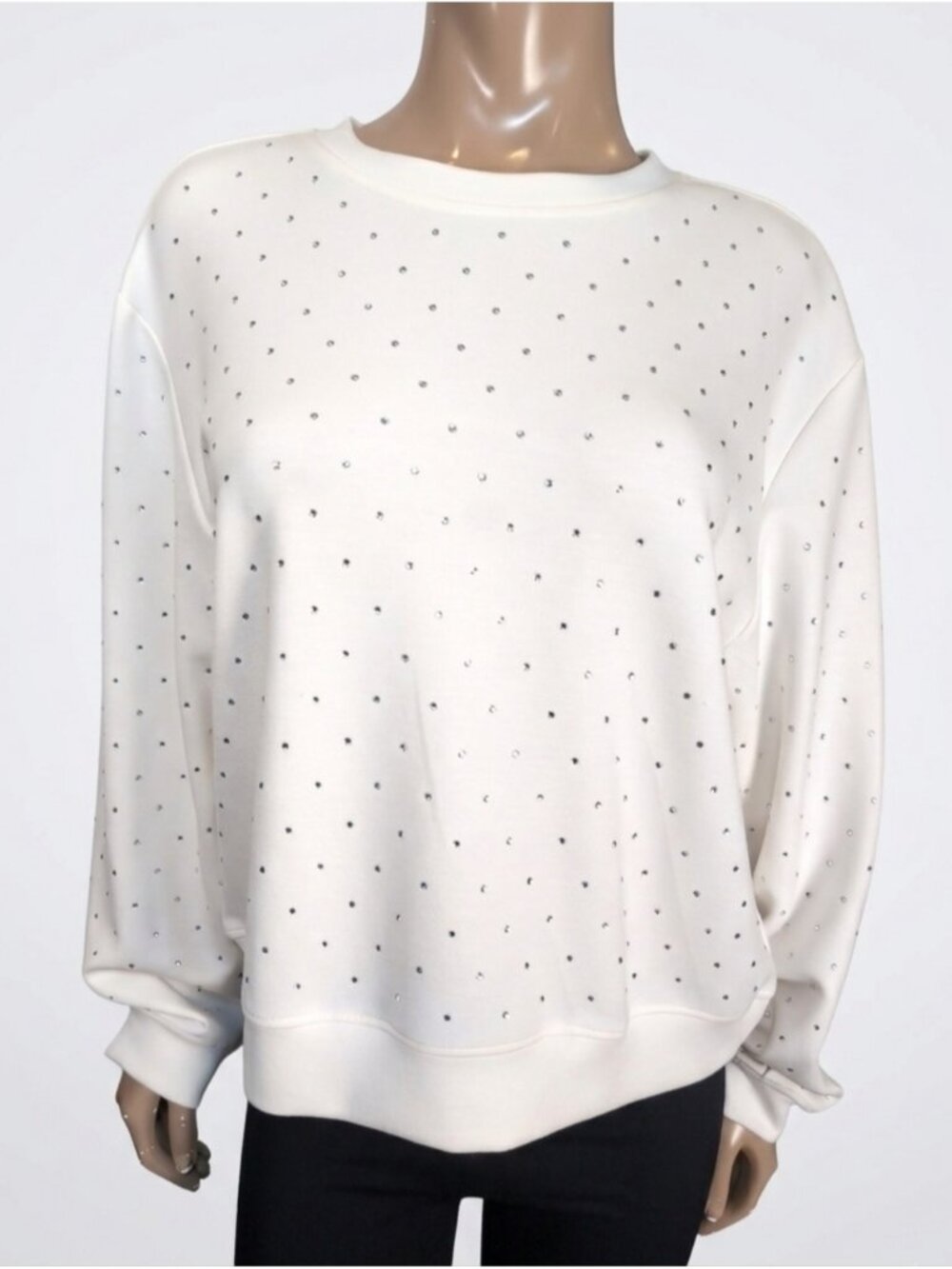 Elie Tahari Cream Rhinestone Studded Crewneck Sweatshirt XL Modal Blend Soft